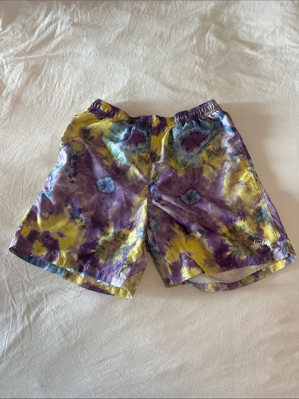 Stussy Tie-Dye Shorts in Purple, Yellow & Blue Accents